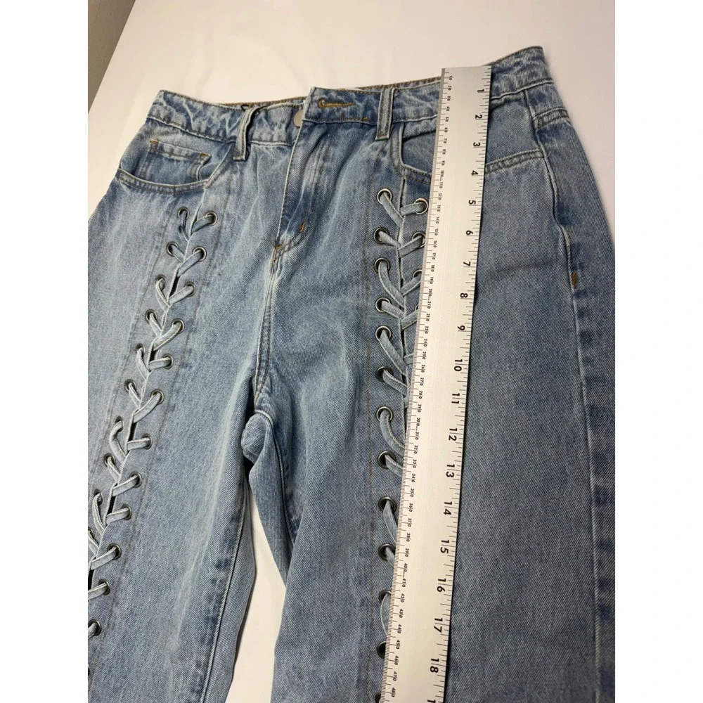 Fashion Nova Amplified Lace Up Straight Leg Jeans Light Wash Size 7 NEW Retro